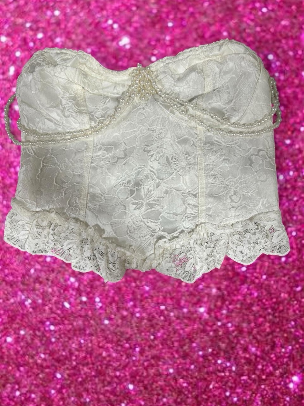 ROMWE Cream Lace Pearl-Trim Bandeau Bustier